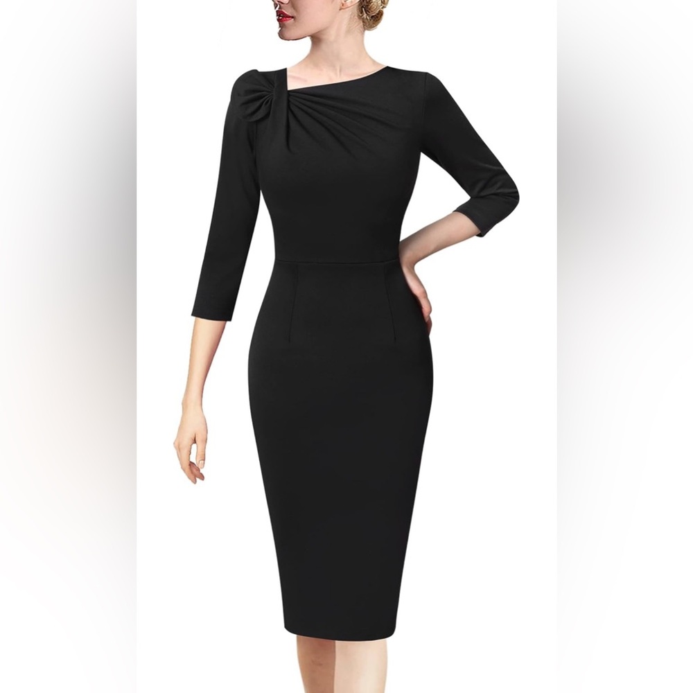 Black pleated asymmetric bow neck pencil sheath dress 3/4 sleeve